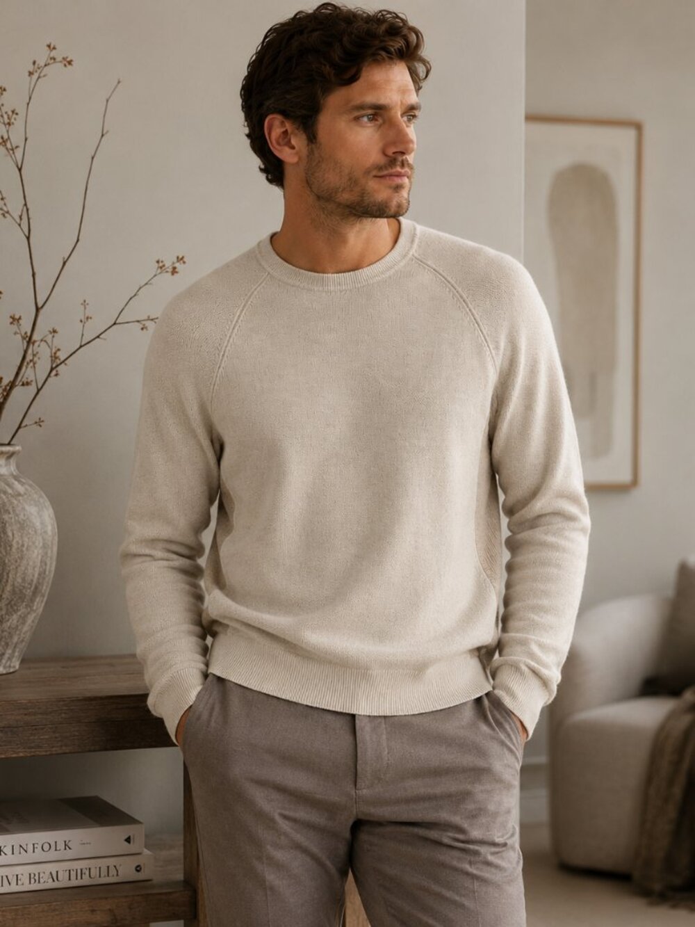 Vince Wool Cashmere Textured Knit Sweater Oatmeal Beige Crewneck Men’s Medium